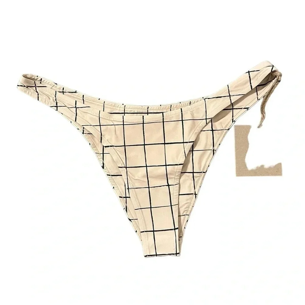 STONE FOX SWIM Luka Cream Sand Plaid Bikini Bottoms ONLY Beach Vacation Size XL